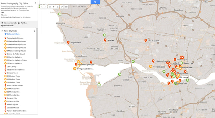 Map of the 30 photography locations in the Porto Photography City Guide